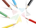 Multi-colored self-drawing pencils on white paper from different sides. Royalty Free Stock Photo