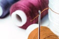Multi-colored sewing threads. Spools of thread. Needle with thread in the eye of the needle Royalty Free Stock Photo