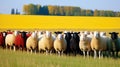 Multi-colored sheep, green pastures on blurred background