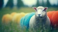 Multi-colored sheep, green pastures on blurred background