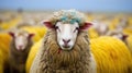 Multi-colored sheep, green pastures on blurred background