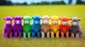 Multi-colored sheep, green pastures on blurred background