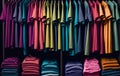 multi colored shirts hang in Wardrobe