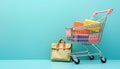 Multi colored shopping cart with blue packet inside generated by AI