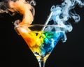 Multi-colored smoke and splashing cocktail in a black setting Royalty Free Stock Photo