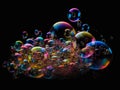 Multi-colored soap bubbles fly on a black background. AI generated. Royalty Free Stock Photo