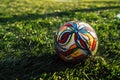 A multi-colored soccer ball casts a soft shadow on the textured grass during a sunset, evoking the joy of sports Royalty Free Stock Photo