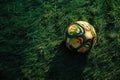 A multi-colored soccer ball casts a soft shadow on the textured grass during a sunset, evoking the joy of sports Royalty Free Stock Photo