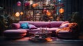 Multi colored sofa in room with red violet lighting Royalty Free Stock Photo