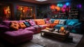Multi colored sofa in room with red violet lighting Royalty Free Stock Photo