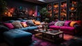 Multi colored sofa in room with red violet lighting Royalty Free Stock Photo