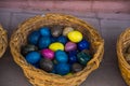 Multi-colored souvenir eggs from stone basket. Traditional market. Ankara, Turkey