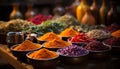 Multi colored spice collection in a row, selling in spice store generated by AI Royalty Free Stock Photo