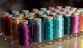 Multi colored spools of thread arranged in a vibrant rainbow pattern generated by AI Royalty Free Stock Photo