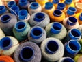 Multi-colored spools of thread in a box Royalty Free Stock Photo