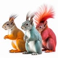 Multi-colored squirrels, red, yellow and gray squirrels portrait, close-up on a white background.