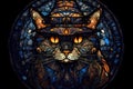 multi-colored stained-glass window with a cat\'s head in a cap for Halloween Royalty Free Stock Photo