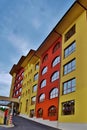 Multi-colored stepped hotel, view from below. photo from street to hotel in Bulgaria