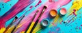 A multi-colored table with makeup products and brushes arranged in an artistic manner. The vibrant Royalty Free Stock Photo