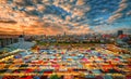 Multi-colored tents in Market train a second-hand market at sunset in Bangkok, Thailand