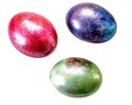 Multi-colored three marble eggs for Easter on a white background, isolate