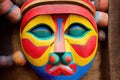 Multi-colored tiger tiki mask with green eyes made of wood.