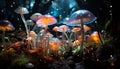 The multi colored toadstool grows in the uncultivated forest generated by AI