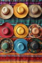 Multi-colored traditional hats displayed on vibrant woven textile background in bright pattern array