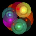 Multi-colored translucent luminous disks are superimposed on each other on a black background. 3D rendering.