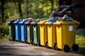 Multi-colored trash cans for paper, plastic, glass and organic matter in nature. Separate waste collection. Generated by