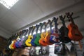 Multi-colored ukulele guitars in a musical instrument store Royalty Free Stock Photo