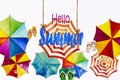 Hello summer watercolor painting colorful umbrella. Royalty Free Stock Photo