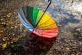 multi-colored umbrella of rainbow colors lies in a puddle strewn with autumn leaves on an asphalt road Royalty Free Stock Photo