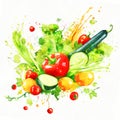 Multi-colored vegetables - peppers, tomatoes, lettuce, cucumber, zucchini in juicy splashes.