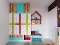 A multi-colored wardrobe with shelves with decor and a bench in the children`s room