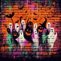 Halloween ghosts party on grunge bricks wall, colorful paintings