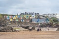 Multi coloured beach huts facing the beach at Bude, Cornwall UK July 6 2020 Royalty Free Stock Photo