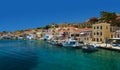 Multi-coloured buildings of Halki Island (Chalki) Royalty Free Stock Photo