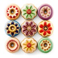 Multi-coloured doughnuts for every taste on white background. Generative AI