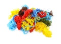 Multi-coloured embroidery threads in a tangled heap