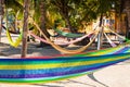 Multi Coloured Hammocks Hanging on Tropical Palm Trees Royalty Free Stock Photo