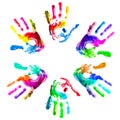 Multi coloured handprints.