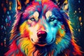 Multi coloured illustration art, the head of a husky dog painted with with splashes and splatters of paint