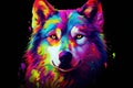 Multi coloured illustration art, the head of a husky dog painted with with splashes and splatters of paint