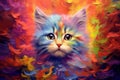 Multi coloured illustration art, the head of a kitten cat painted with with splashes and splatters of paint Royalty Free Stock Photo