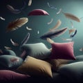 Colored pillows and feathers floating on the shore