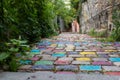Multi-coloured stone paving in the old Lyon