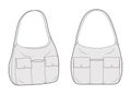 Multi-Compartment Bag with front pockets, hobo silhouette. Fashion accessory technical illustration. Vector satchel