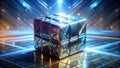 Multi cornered tech cube Angular metallic surfaces with shine energy background AI-Created Content