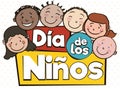 Multi-cultural Kids Celebrating Children`s Day with Spanish Greeting, Vector Illustration